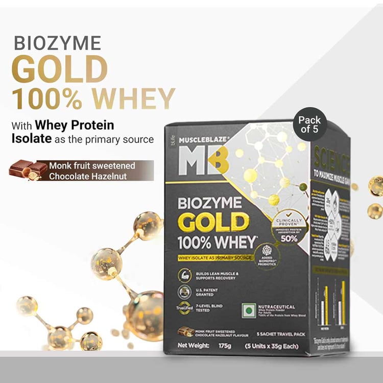 2 - MuscleBlaze Biozyme Gold 100% Whey,  0.39 lb  Monk Fruit Sweetened Chocolate Hazelnut Travel Pack 